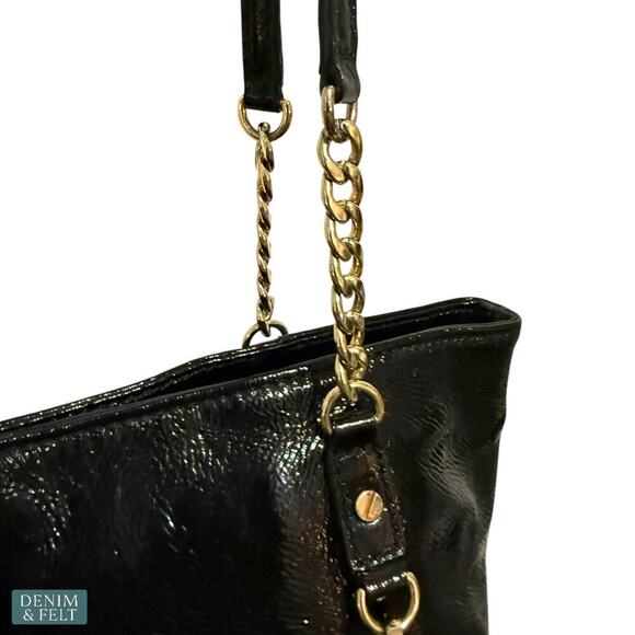 Michael Kors Black Patent Leather Tote Bag Gold Chain Shoulder Straps Large - Picture 3 of 13